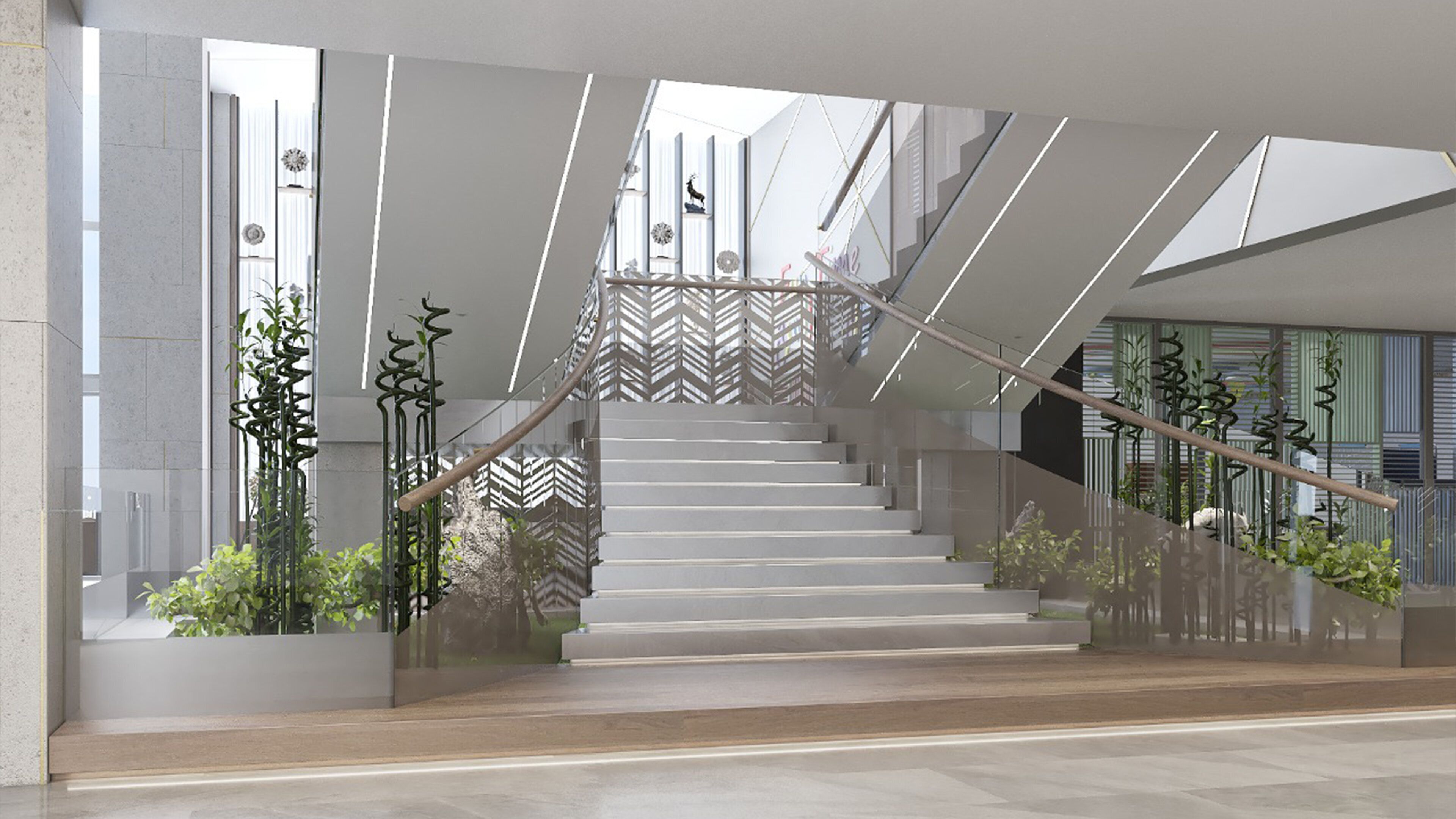 Una escalera moderna con barandillas de vidrio y un pasamanos de madera, rodeada de follaje y detalles decorativos.
