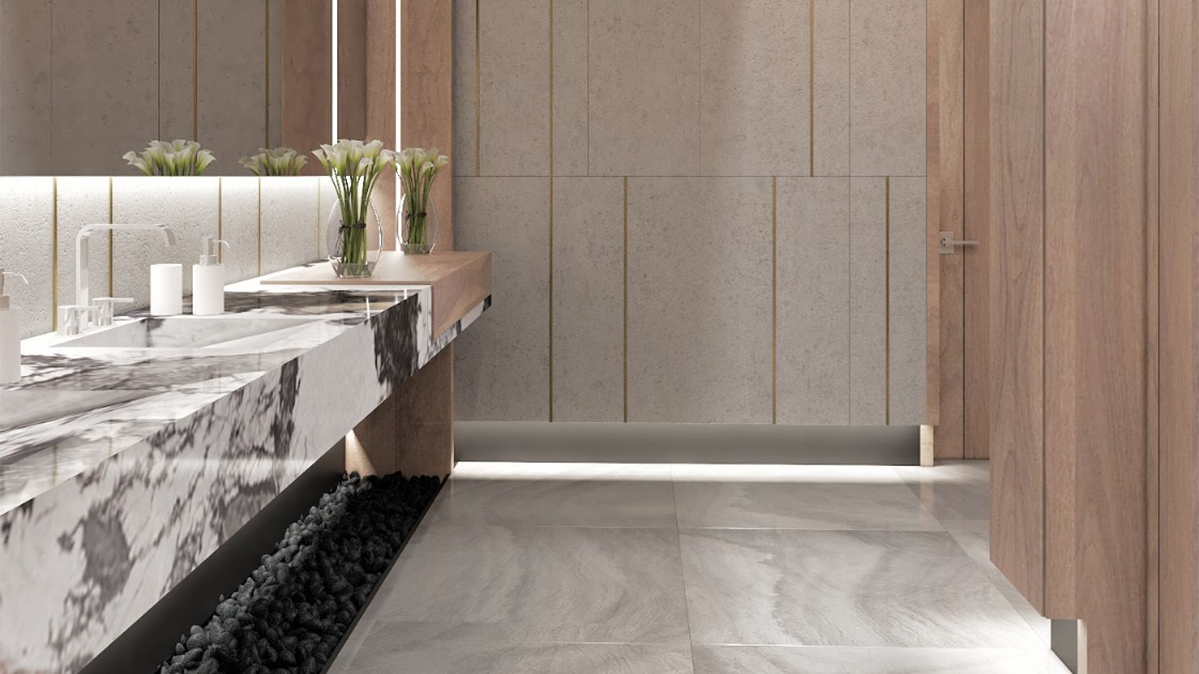 Une salle de bain moderne avec un comptoir en marbre, un meuble-lavabo en bois et un grand miroir.