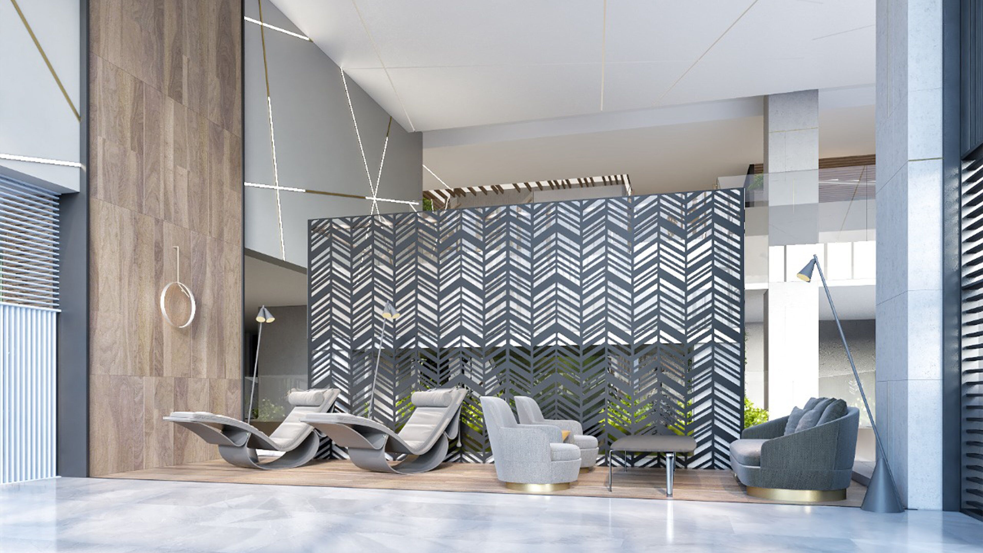 A modern lounge area with a geometric patterned wall, contemporary seating, and a minimalist design.