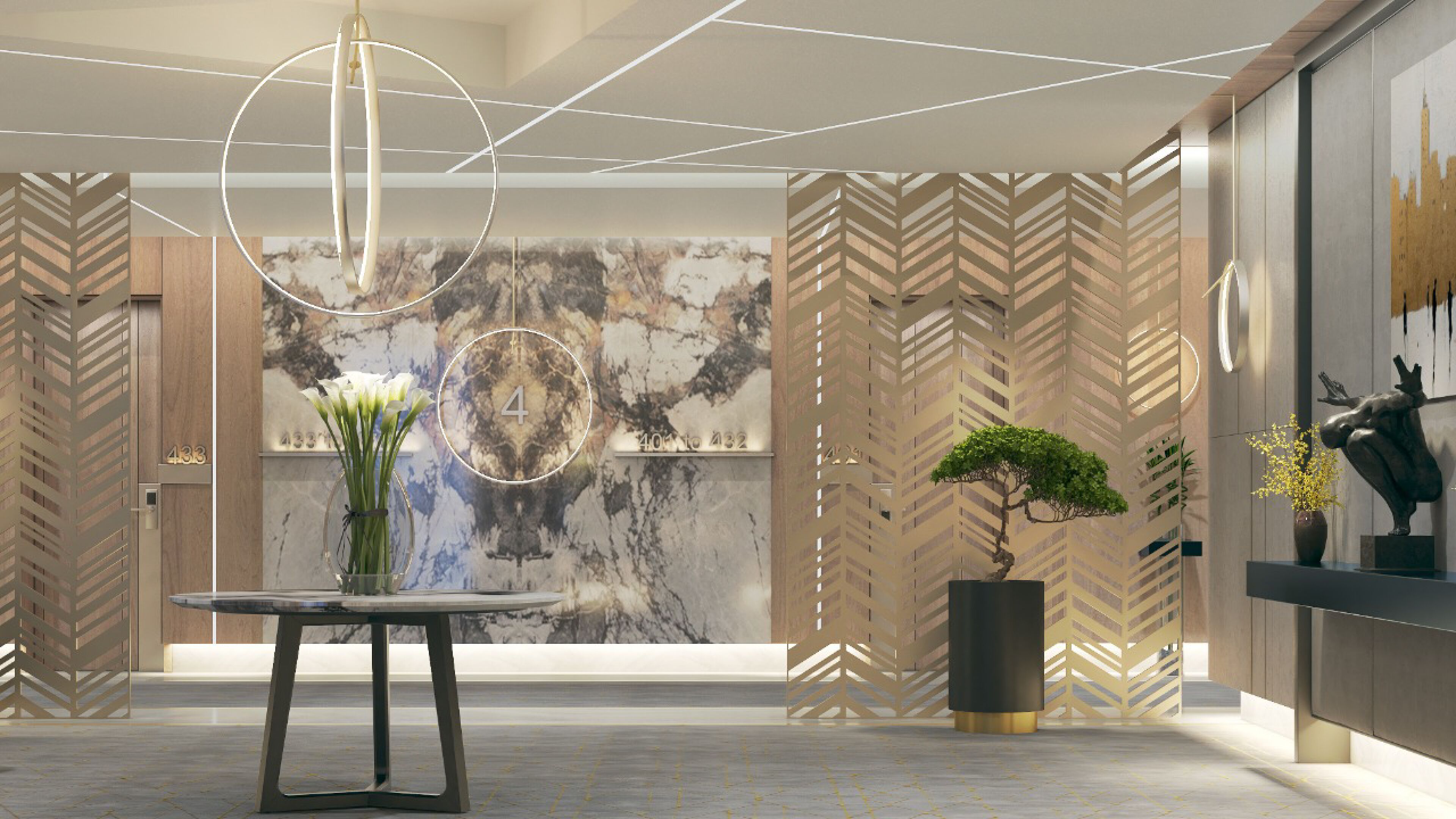 A modern lobby with a marble wall, a clock, a table with flowers, a bonsai tree, and decorative patterns.