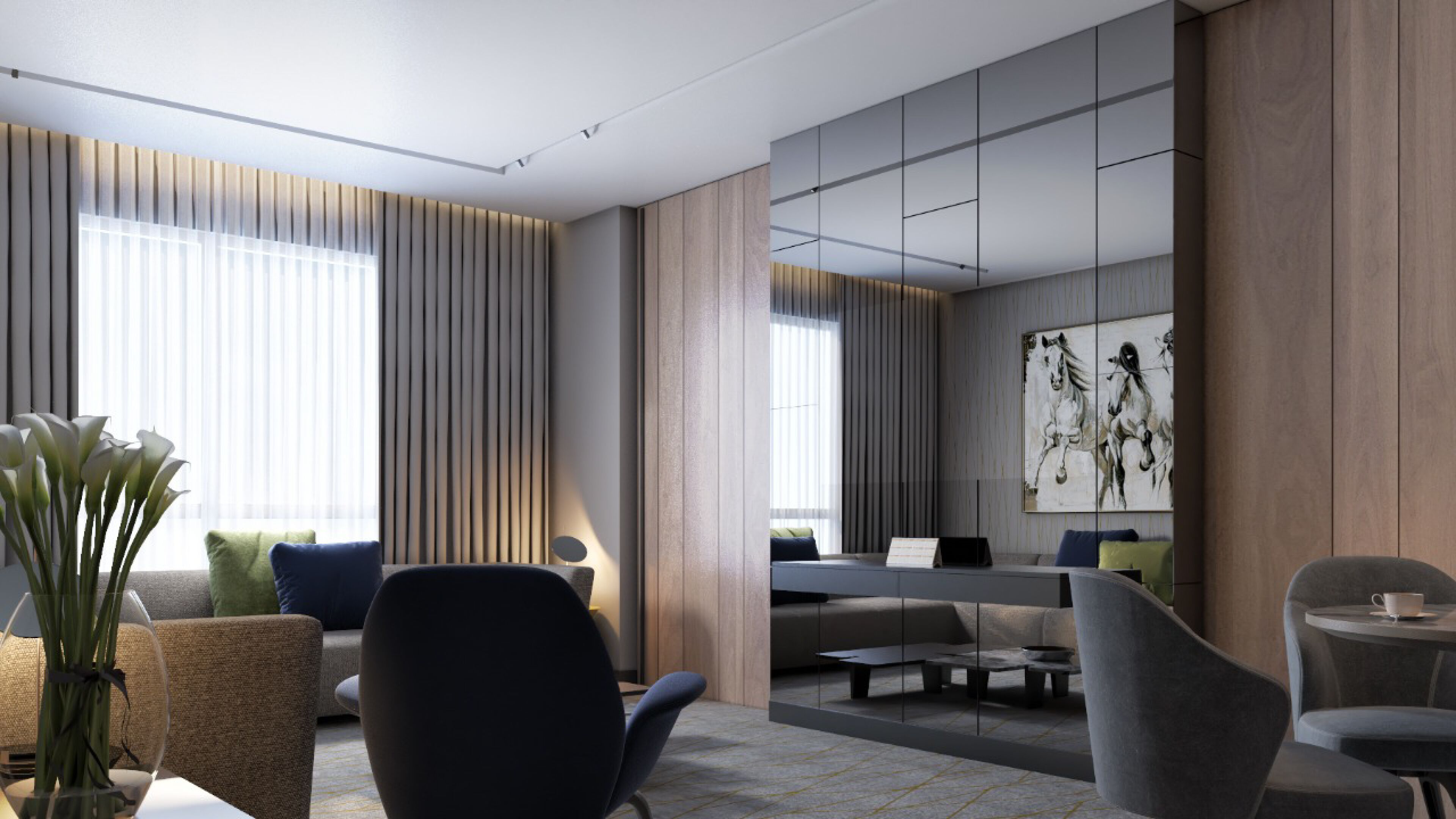 A modern hotel lobby with a seating area, a reception desk, and a large artwork on the wall.