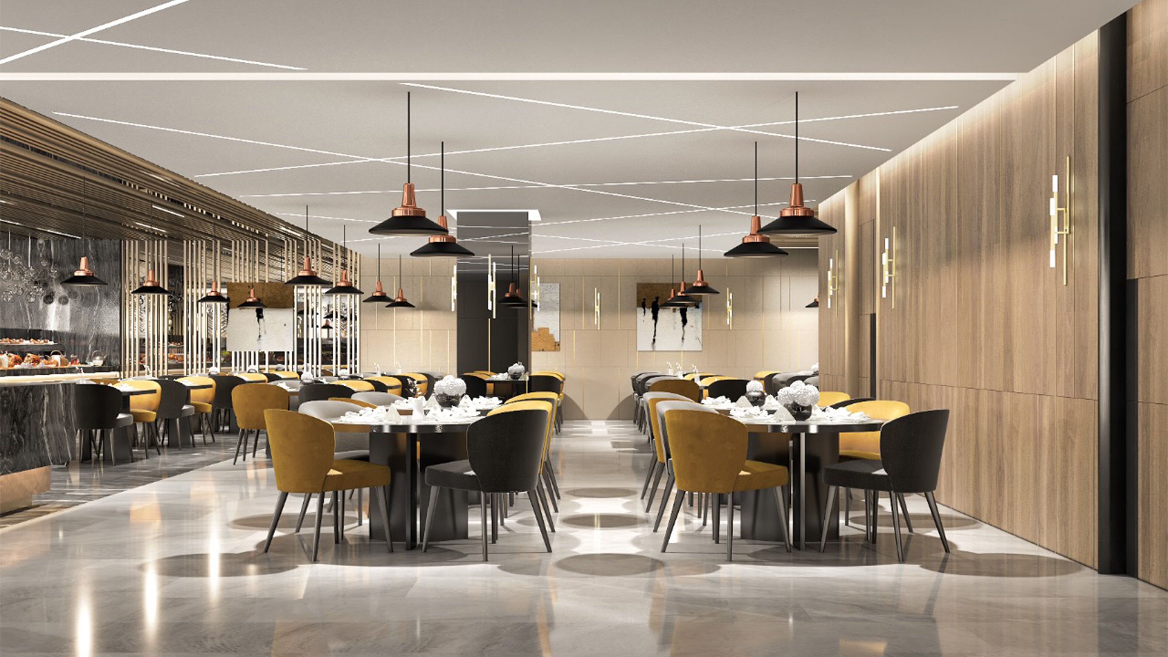 A modern restaurant with a long counter, multiple tables, and chairs.