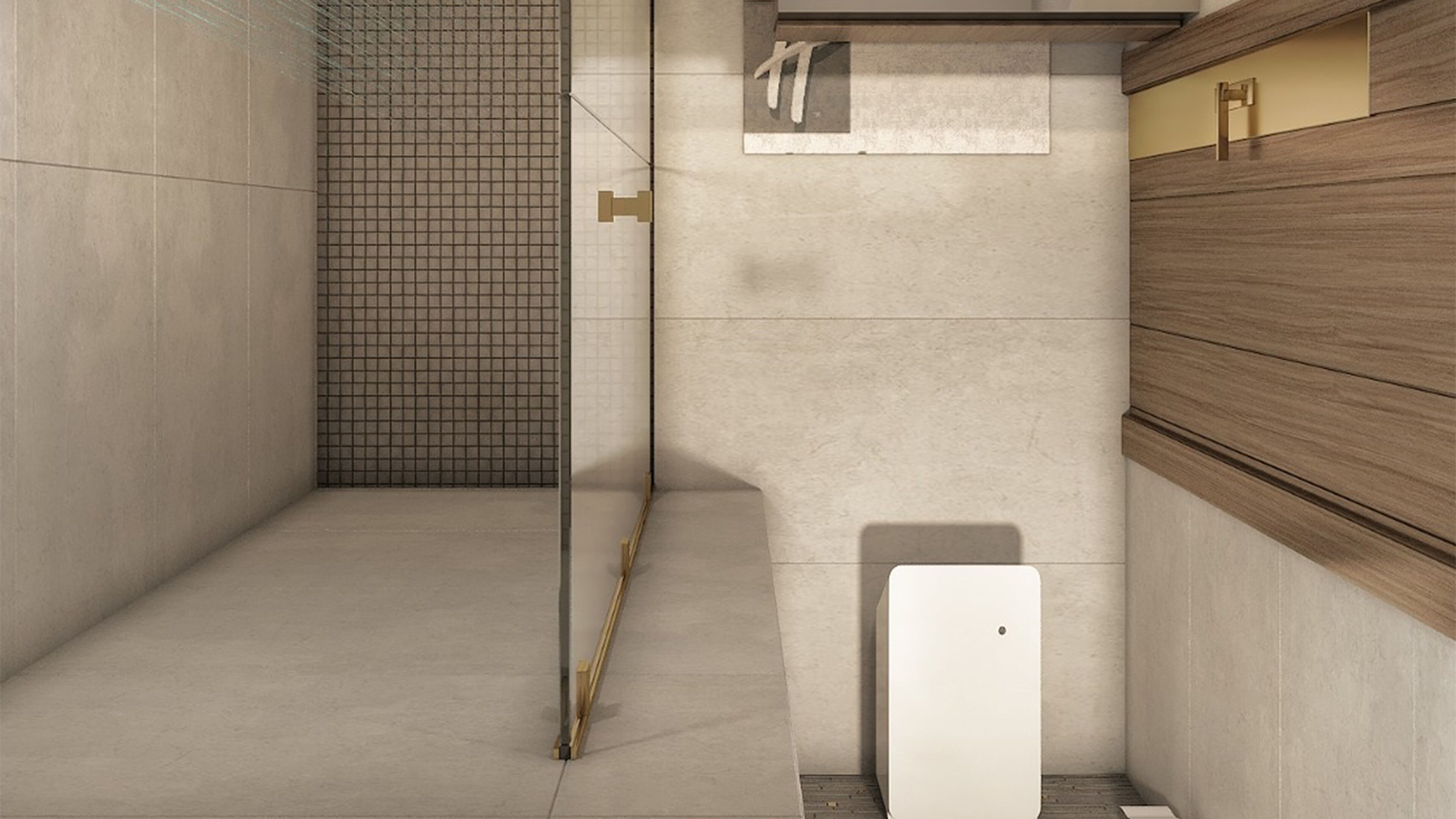 A modern bathroom with a tiled shower area, a wooden vanity, and a toilet.