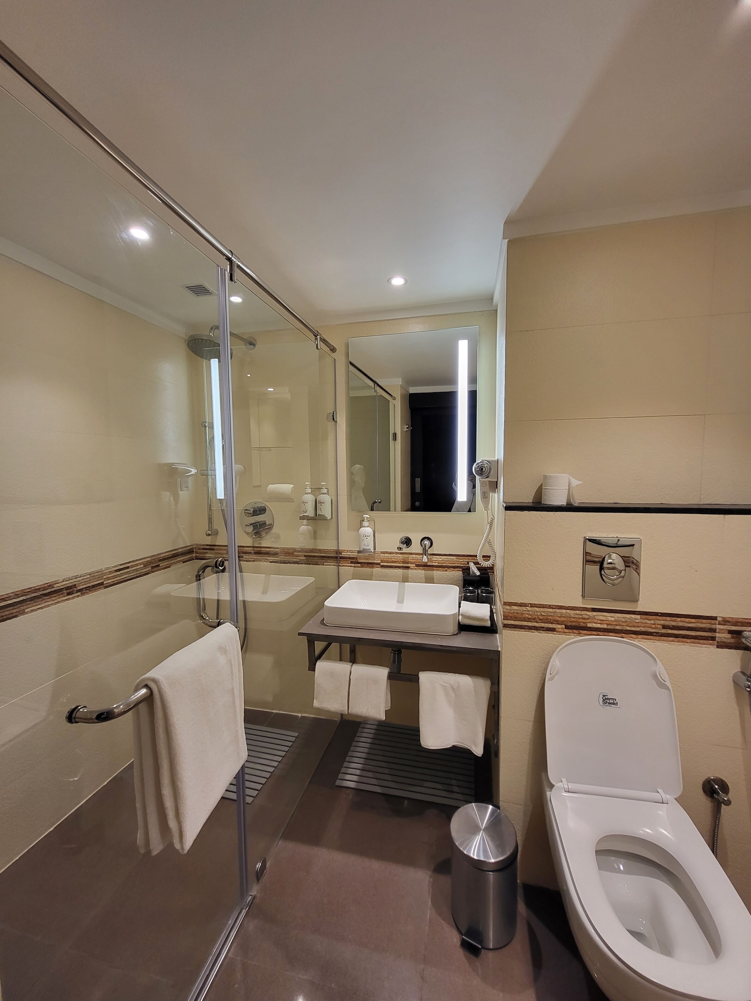 A modern bathroom with a glass shower enclosure, a double sink vanity, a toilet, and a mirror.