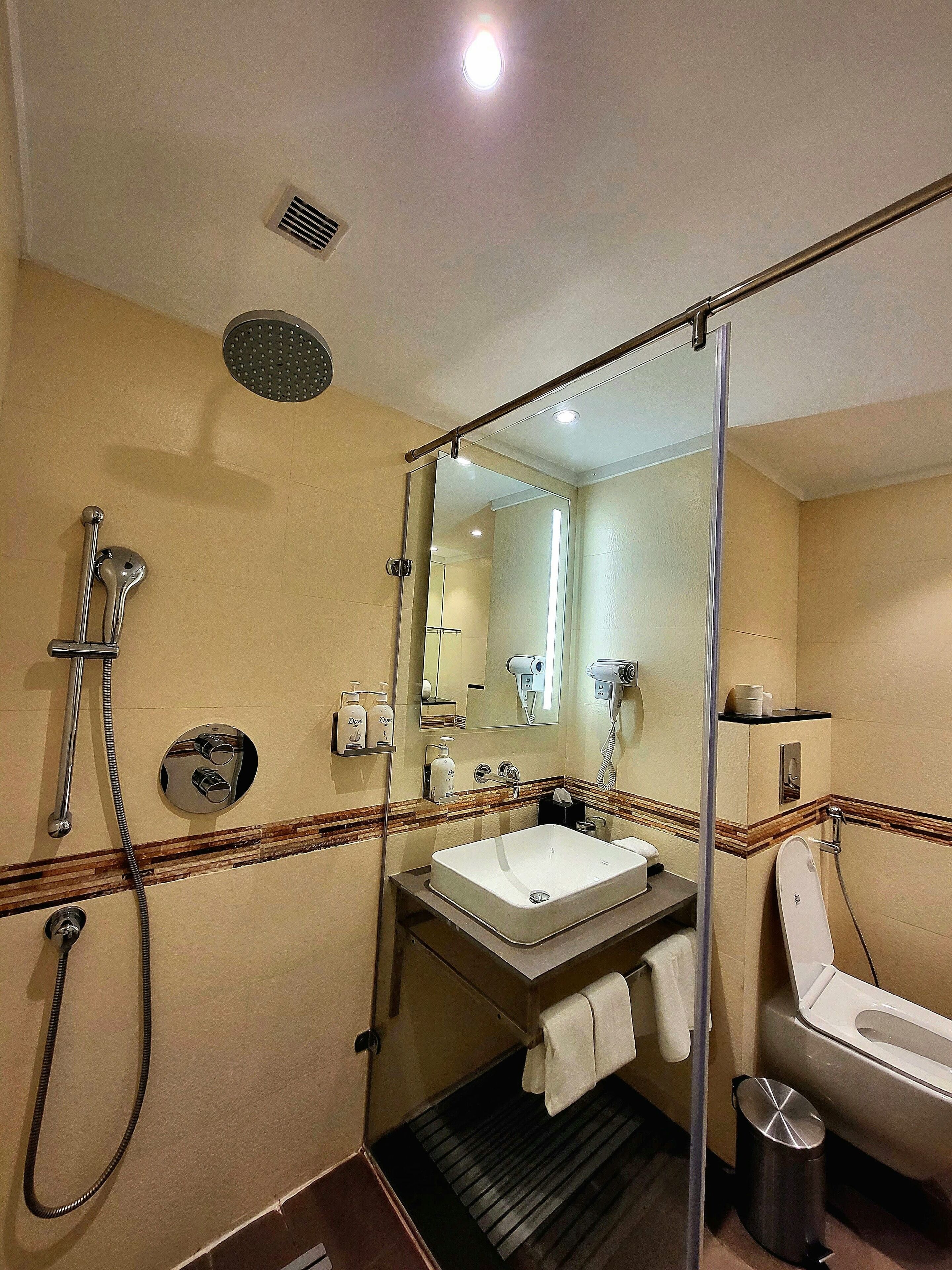 Een badkamer met douche, wastafel en toilet.
