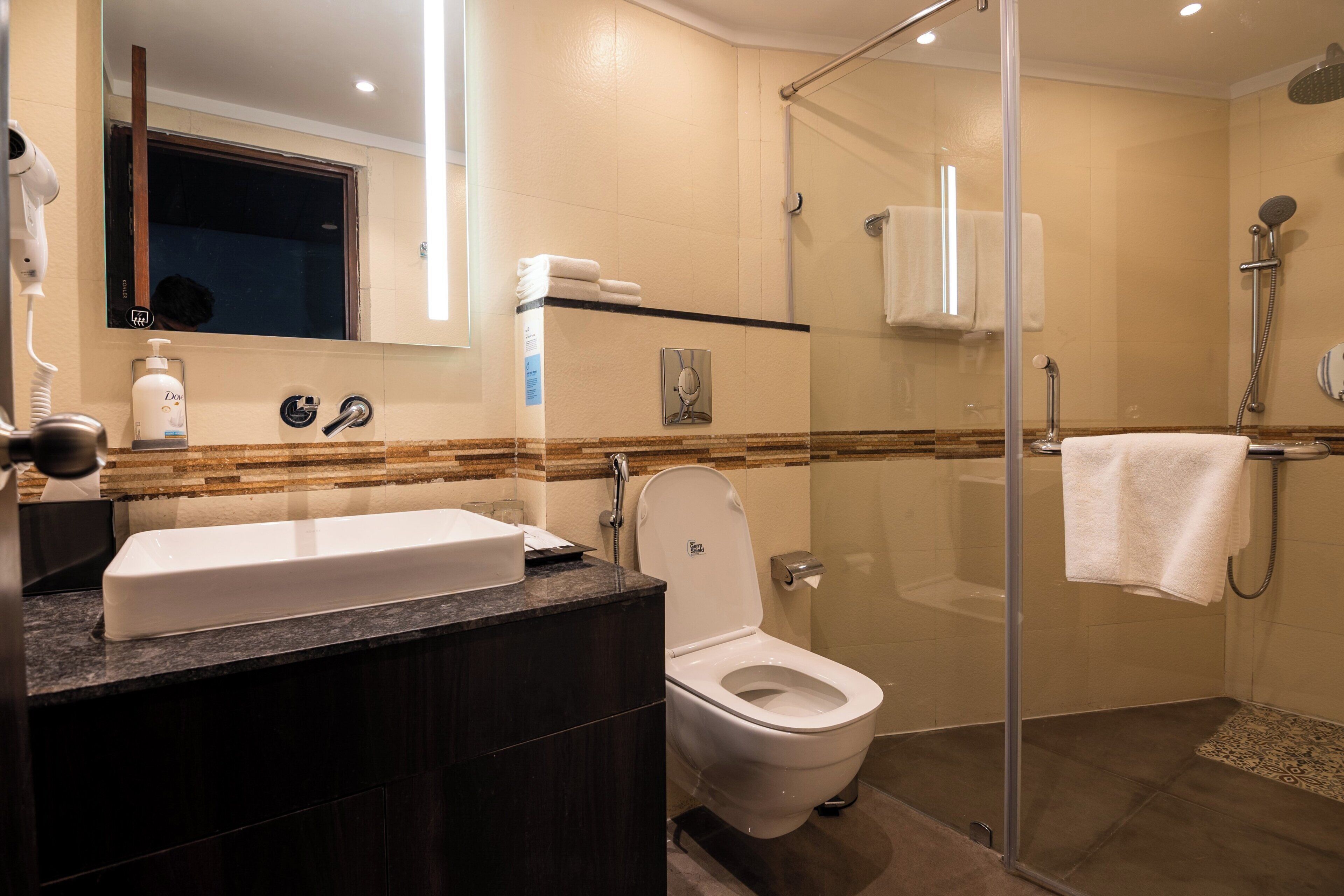 A modern bathroom with a glass-enclosed shower, a white sink, and a toilet.