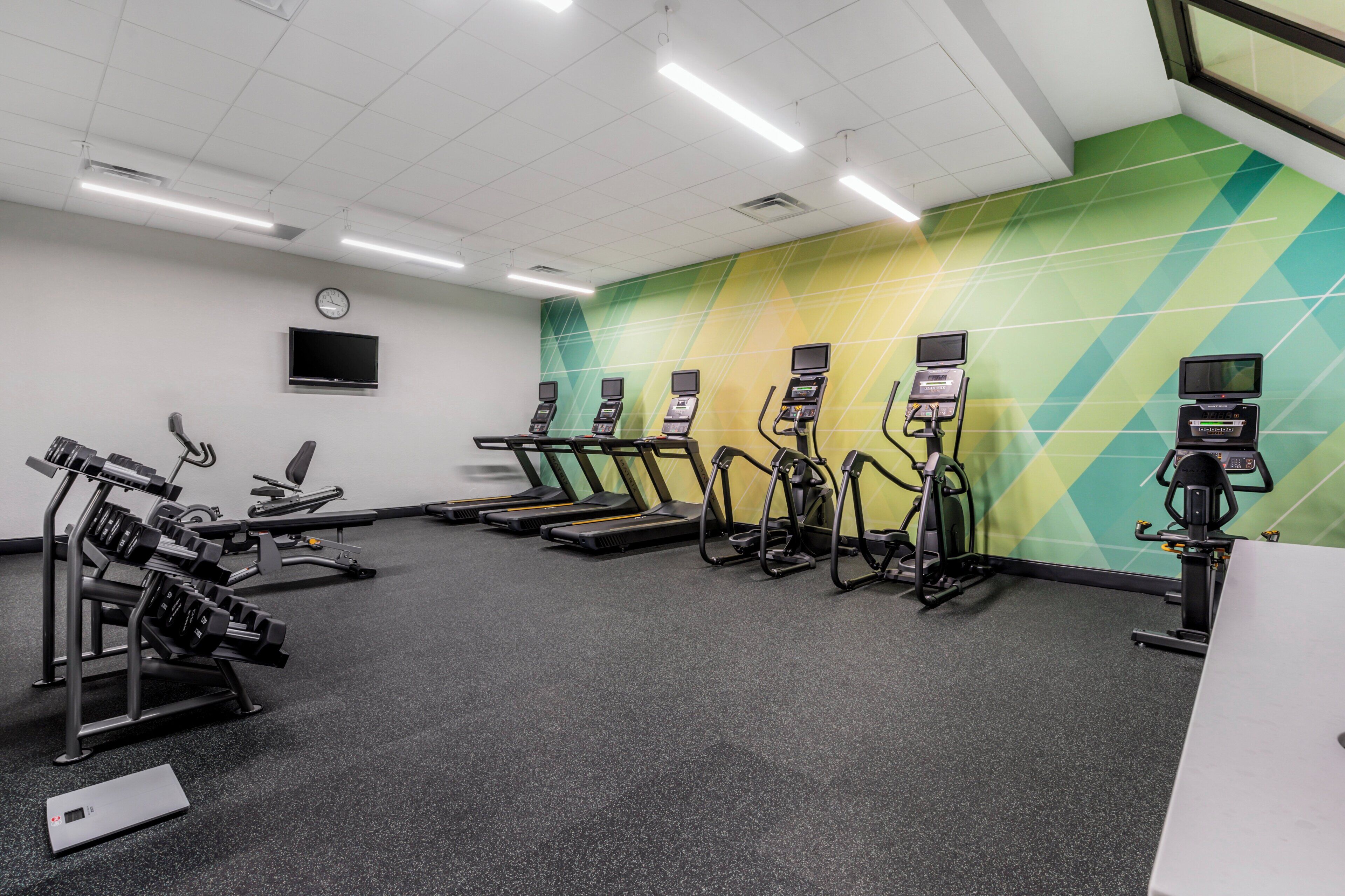 A gym with treadmills, elliptical machines, and weightlifting equipment.