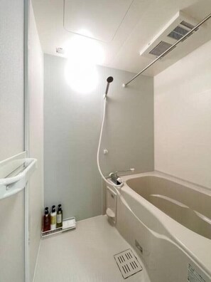 Badewanne, Haartrockner, Handtücher, Seife