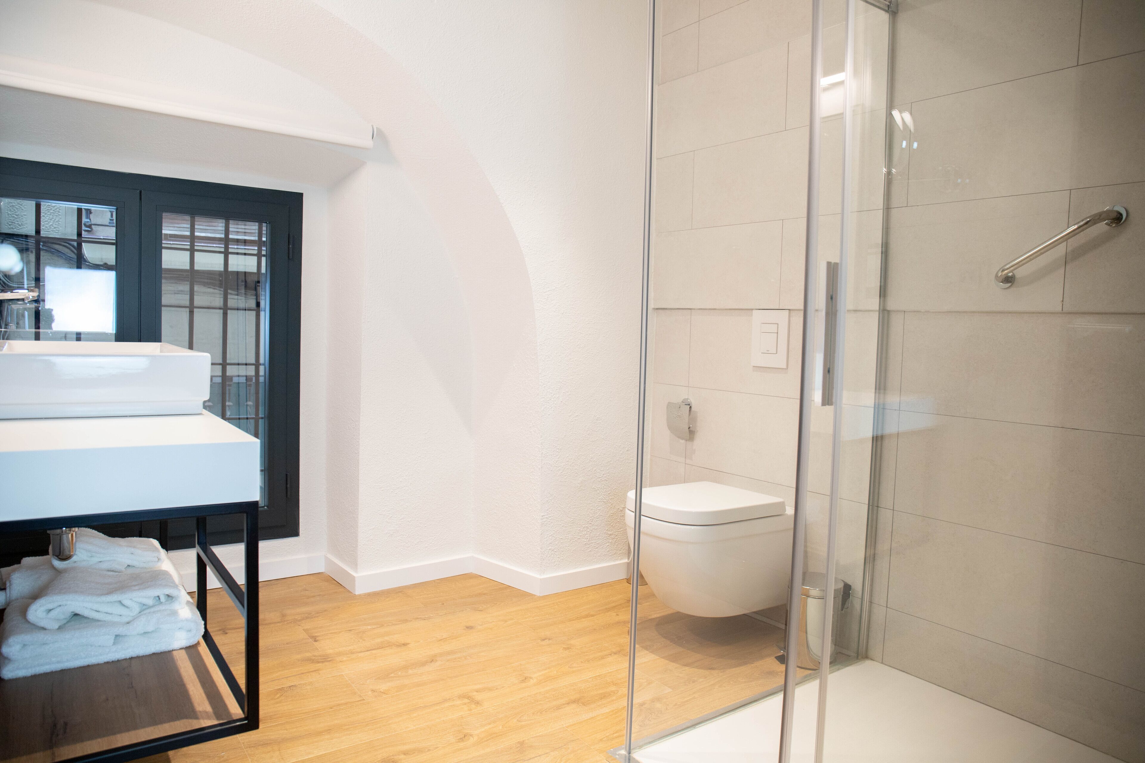 A modern bathroom with a glass shower enclosure, a white sink, and a toilet.