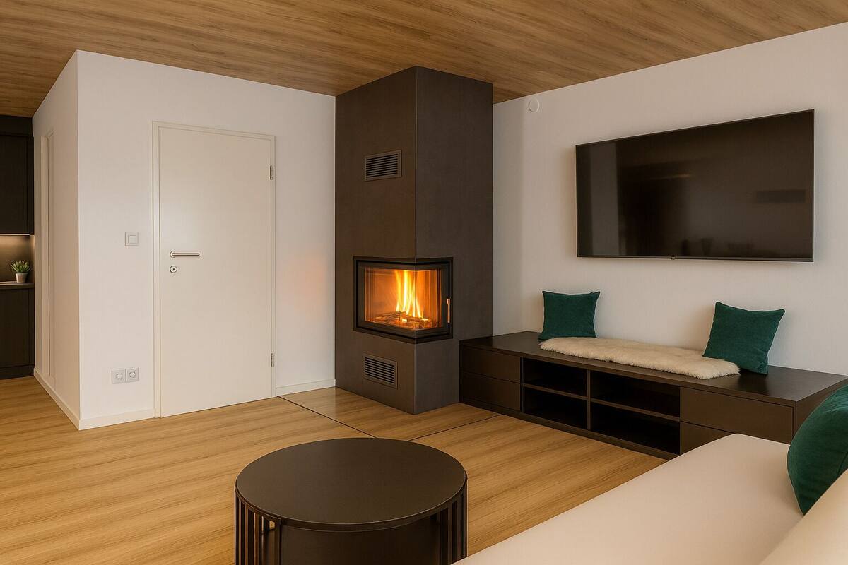 Un salon moderne avec une cheminée, un canapé, un téléviseur et une table basse ronde.