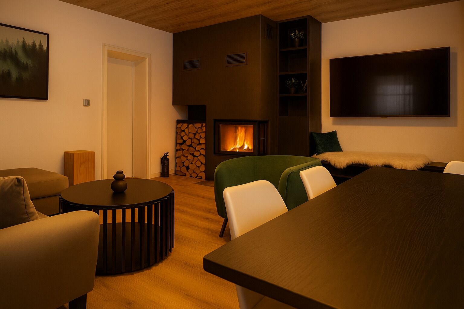 Apartamento família, 2 quartos, ao lado da montanha | Sala de estar | Smart TV 170 cm com canais via satélite, TV, lareira