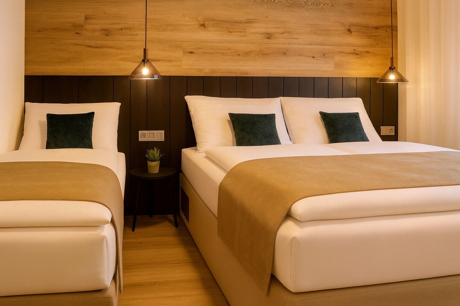 A hotel room with two beds, wooden headboard, pendant lights, a small table with a plant, and a nightstand.