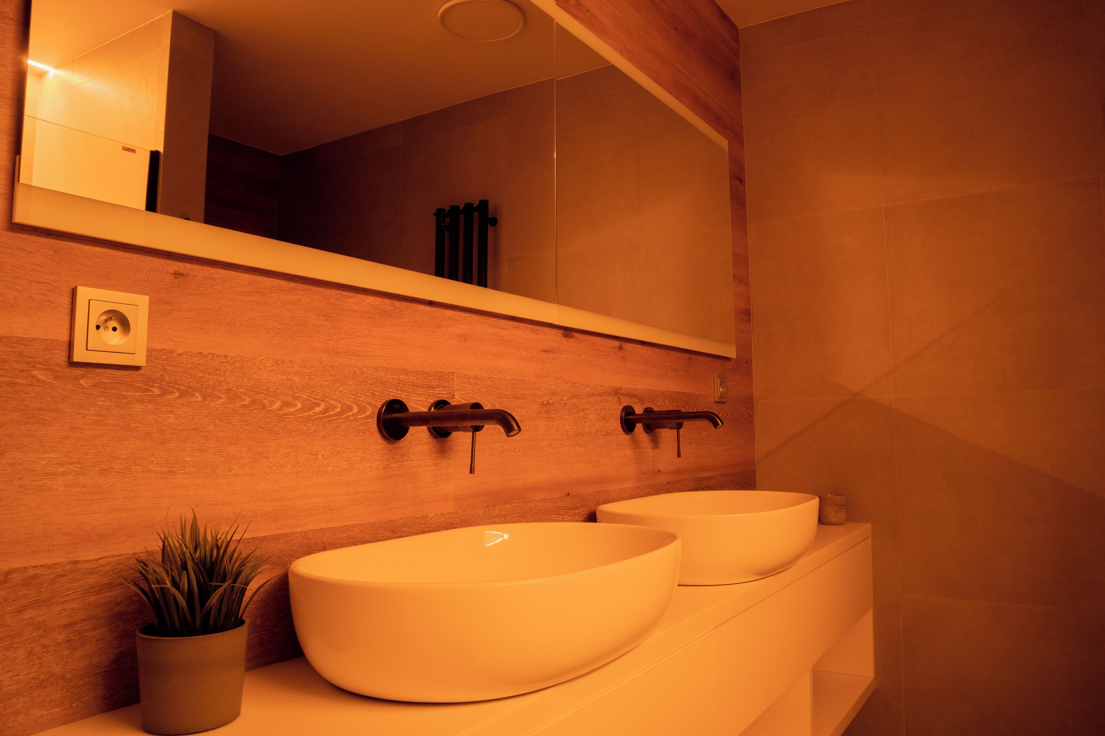 A modern bathroom with two large white sinks, a wooden vanity, a mirror, and a potted plant.