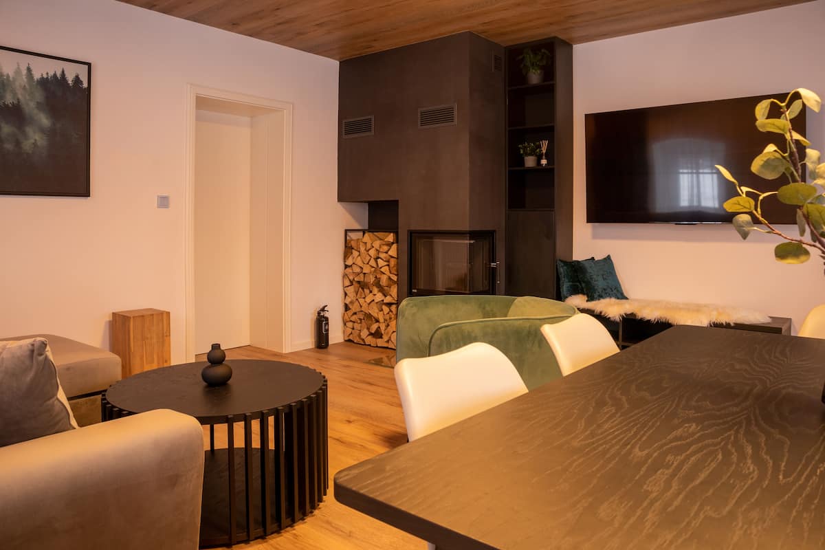 Family Apartment, 2 Bedrooms, Mountainside | Living room | 170-cm Smart TV with satellite channels, TV, fireplace