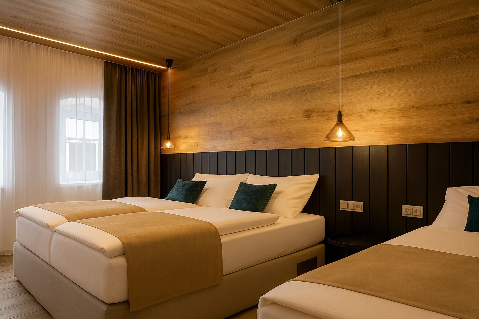 A hotel room with a wooden ceiling, two beds with beige bedding, a dark headboard, and a window with curtains.