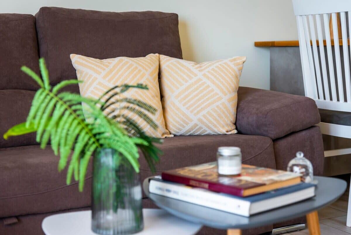 A brown sofa with patterned cushions, a small table with books and a candle, and a green plant.