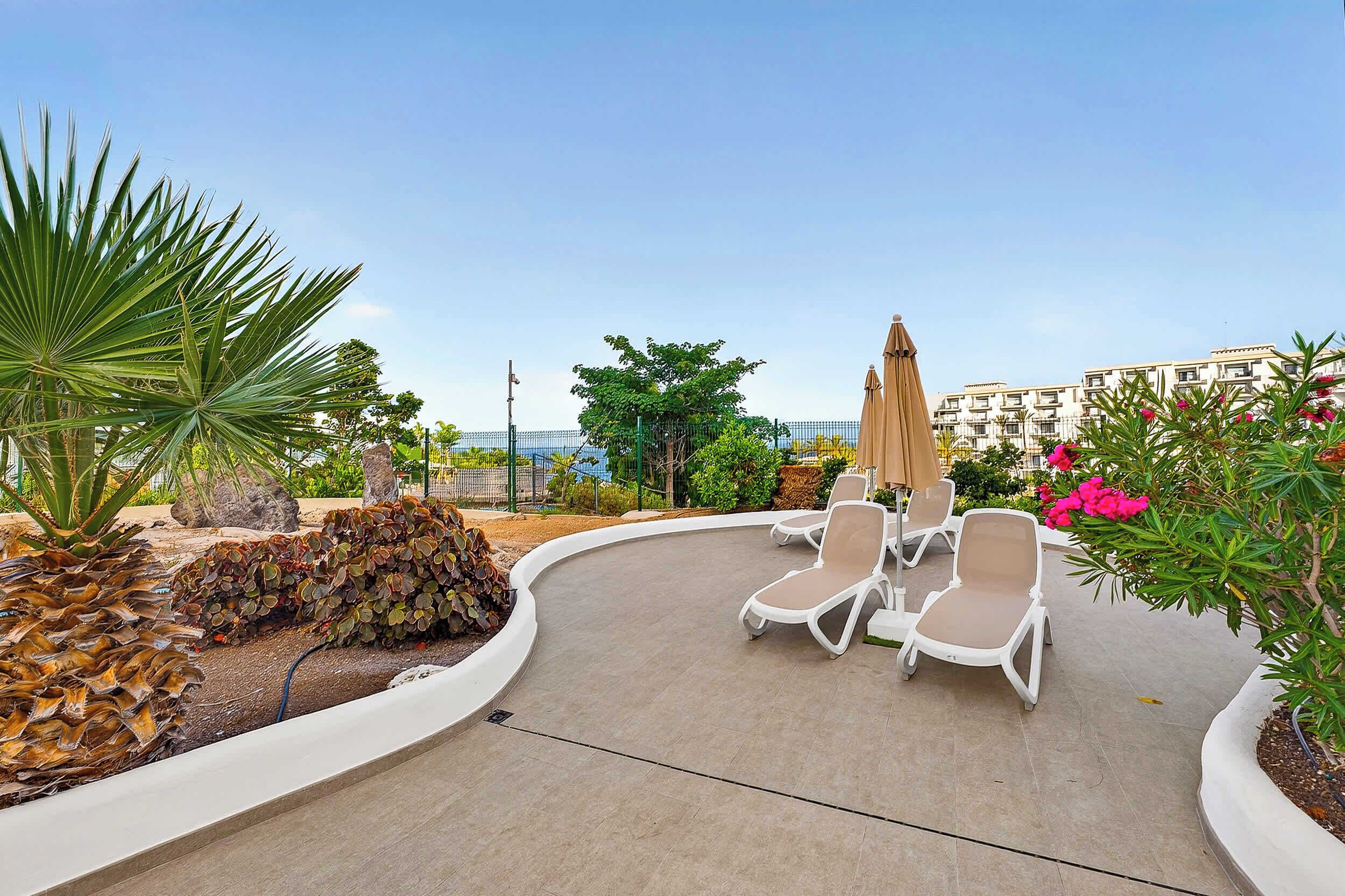 A rooftop lounge area with lounge chairs and a curved pathway.
