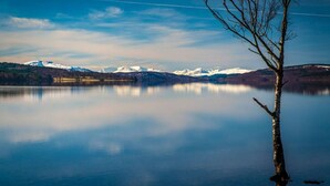 A calm lake with a leafless tree in the foreground and snow-capped mountains in the background. - Loch Rannoch Highland Club, Highland Lodge 36 (Kinloch Rannoch)