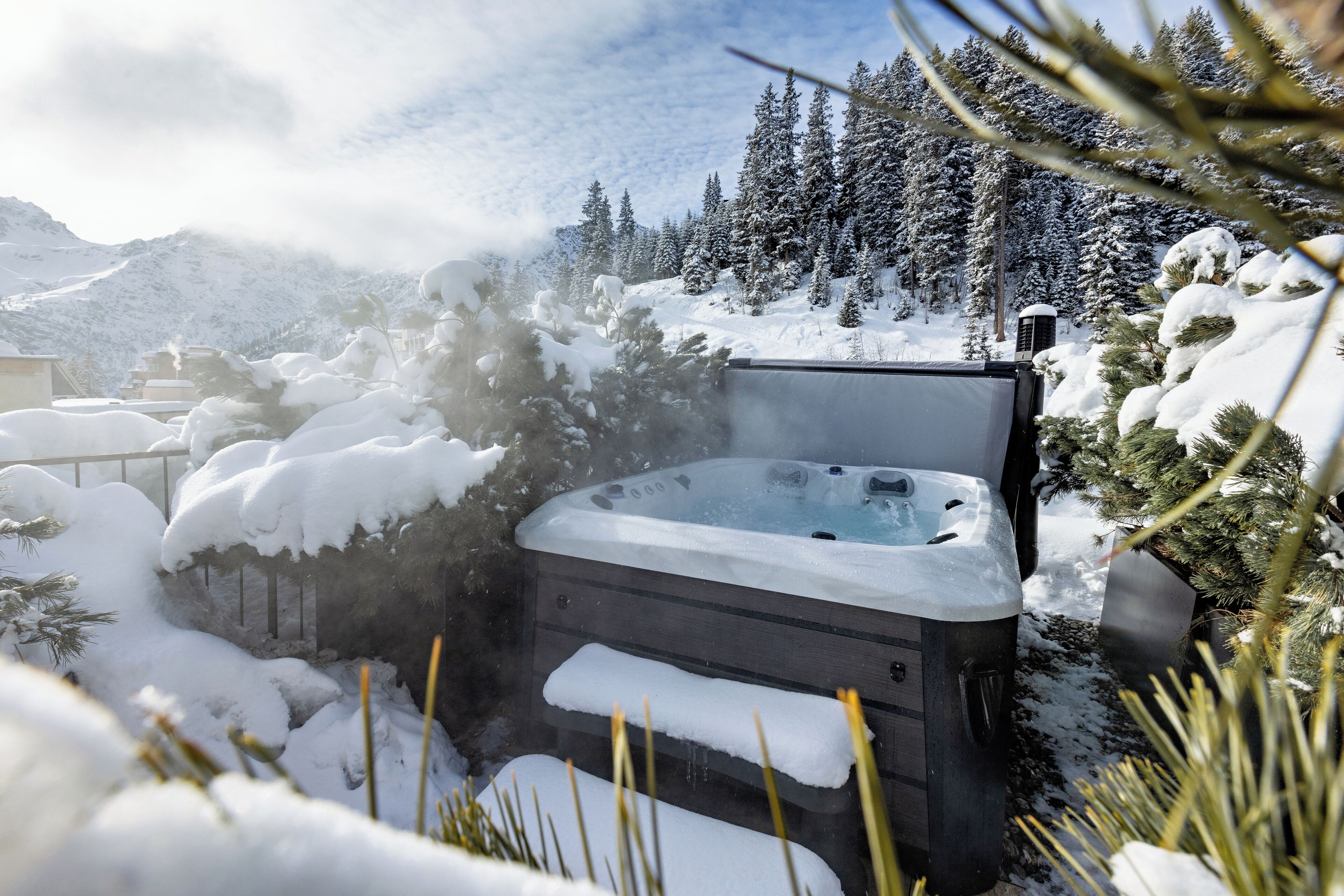 A hot tub surrounded by snow-covered trees and mountains.