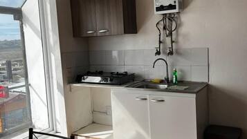 Apartment | Private kitchen | Mini-fridge, toaster, cookware/dishes/utensils, cleaning supplies