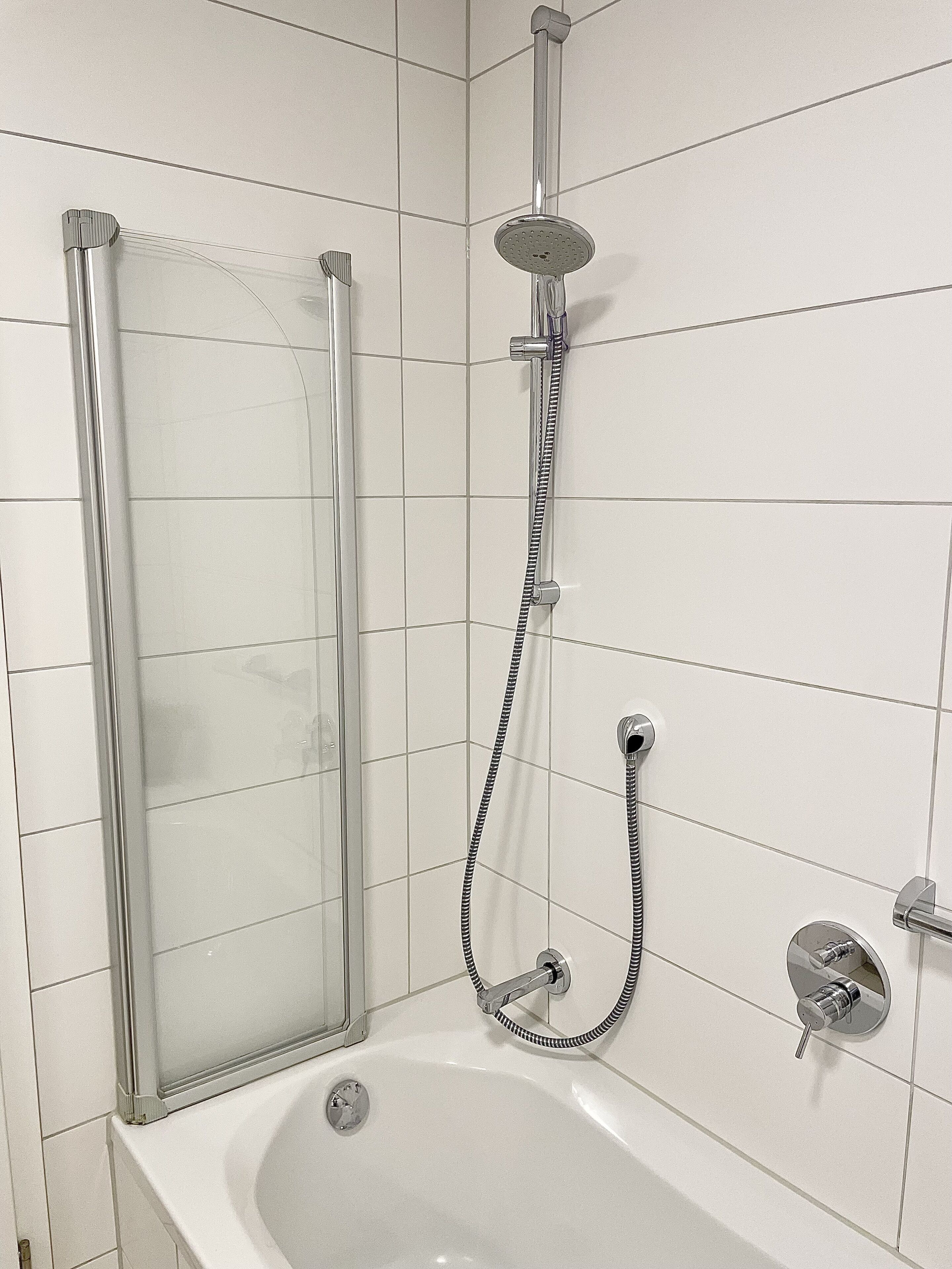 Moderni kylpyhuone, jossa on lasiseinällä varustettu suihku, erillinen kylpyamme ja käsisuihkupää.