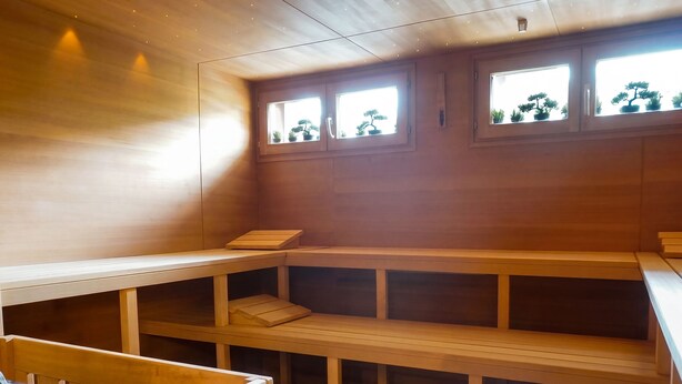 Una sauna con bancos de madera y un banco con una bandeja.