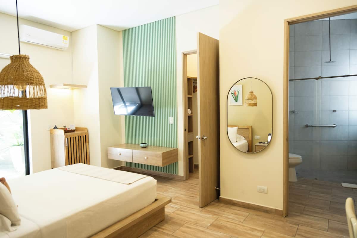 Une chambre à coucher moderne, équipée d’un lit, d’une télévision, d’un miroir et d’une salle de bain avec douche.