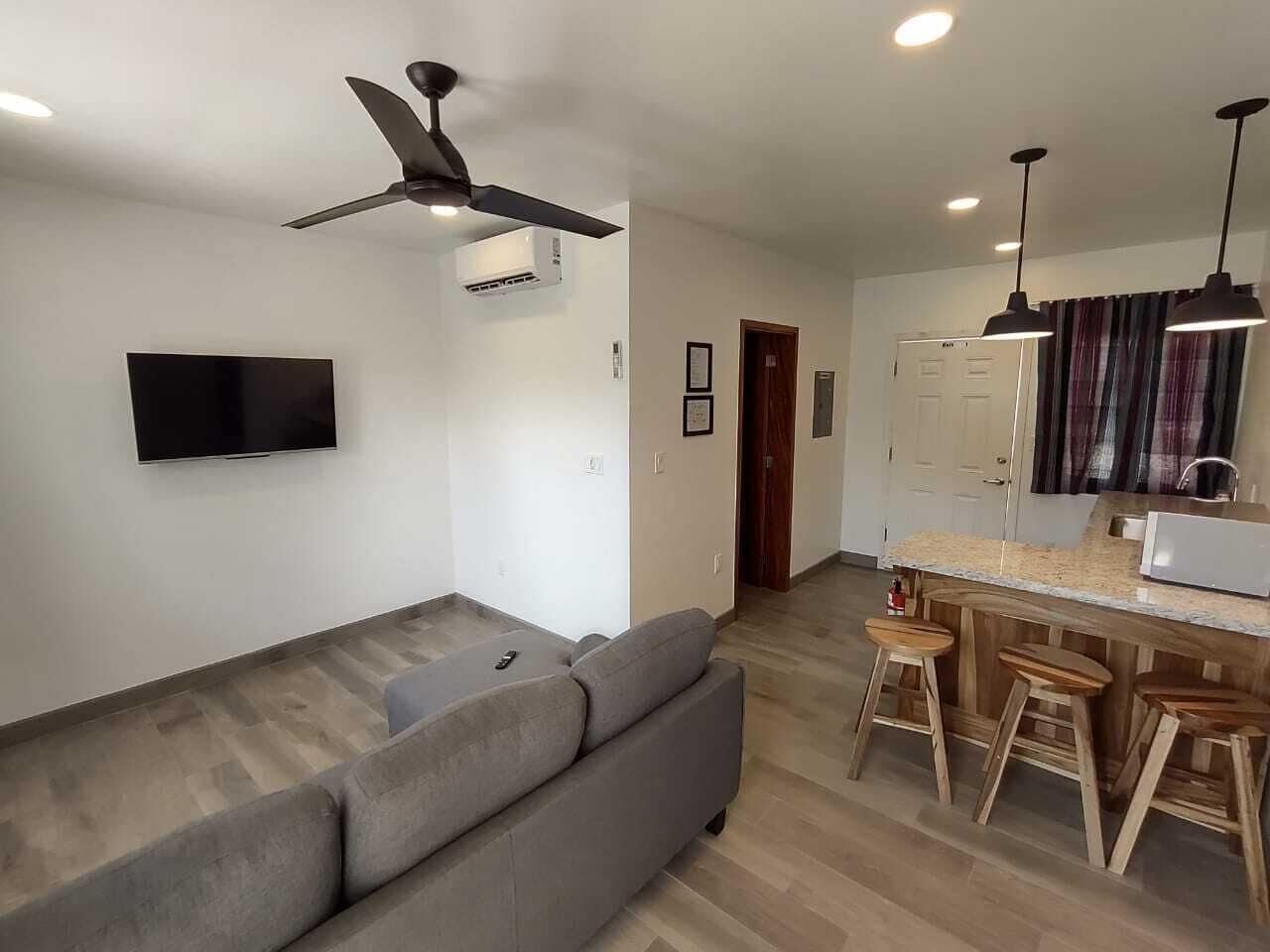 A modern living room with a grey sofa, a flat-screen TV, a ceiling fan, and a kitchen area with a bar stool and a microwave.