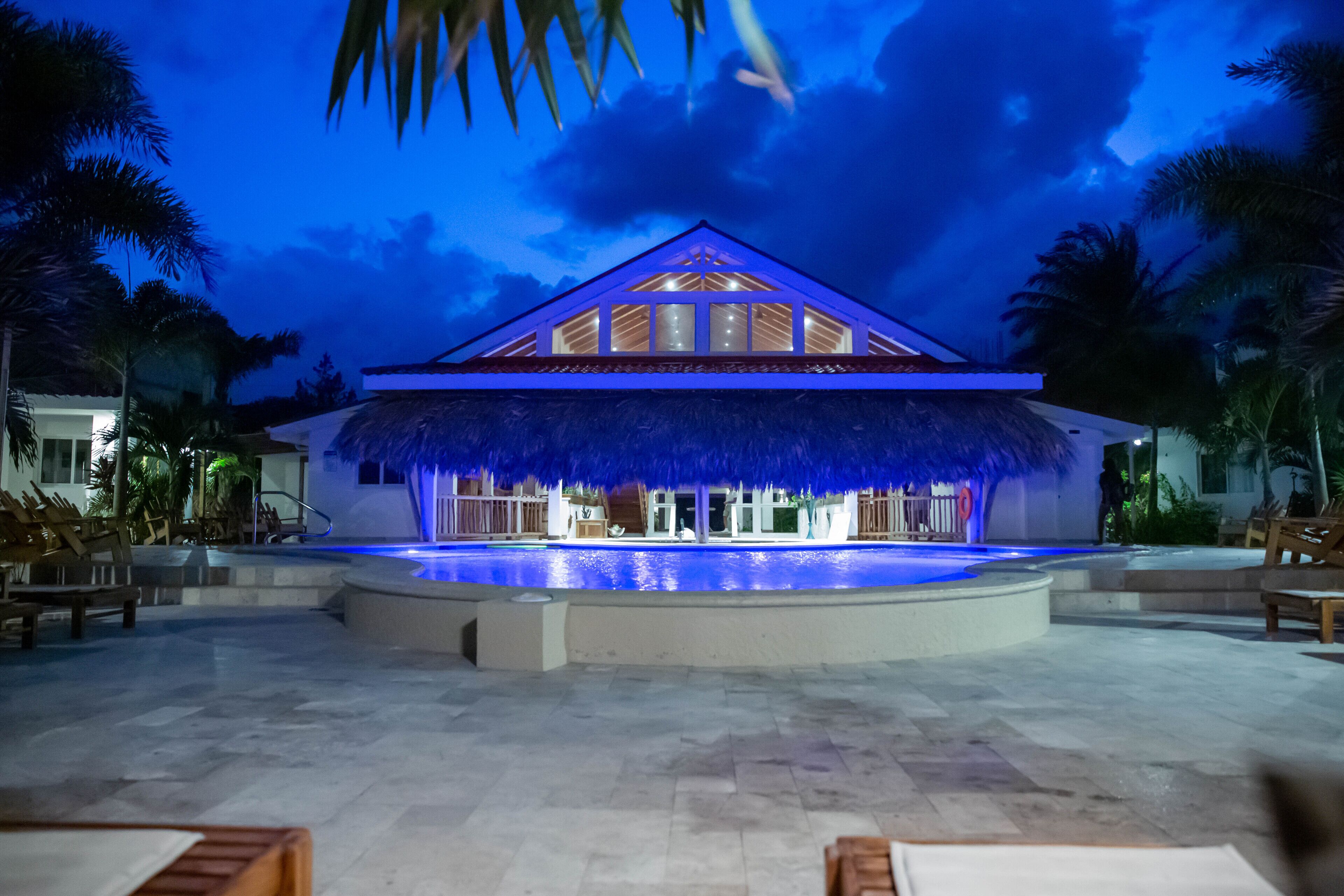 A resort with a pool, thatched-roof structure, and palm trees.