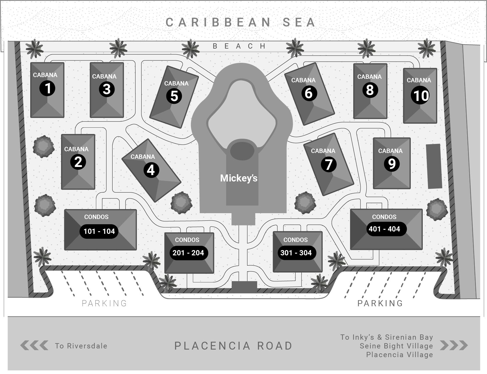 A floor plan of a hotel with rooms numbered 1-10, 2, 4, 5, 6, 7, 8, 9, 101-104, 201-204, 301-304, and 401-404. It is located near the Caribbean Sea and Placencia Road, with parking available.
