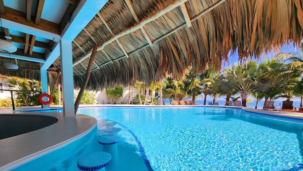 A clear blue pool with a thatched roof, surrounded by palm trees and a view of the sea. - Ceiba Beach Resort (Placencia)