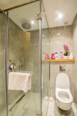 Shower, hair dryer, towels, soap