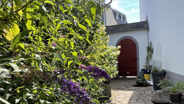 Une cour dallée de pierres, avec un mur blanc et une porte rouge, entourée d’une végétation luxuriante et de fleurs violettes.