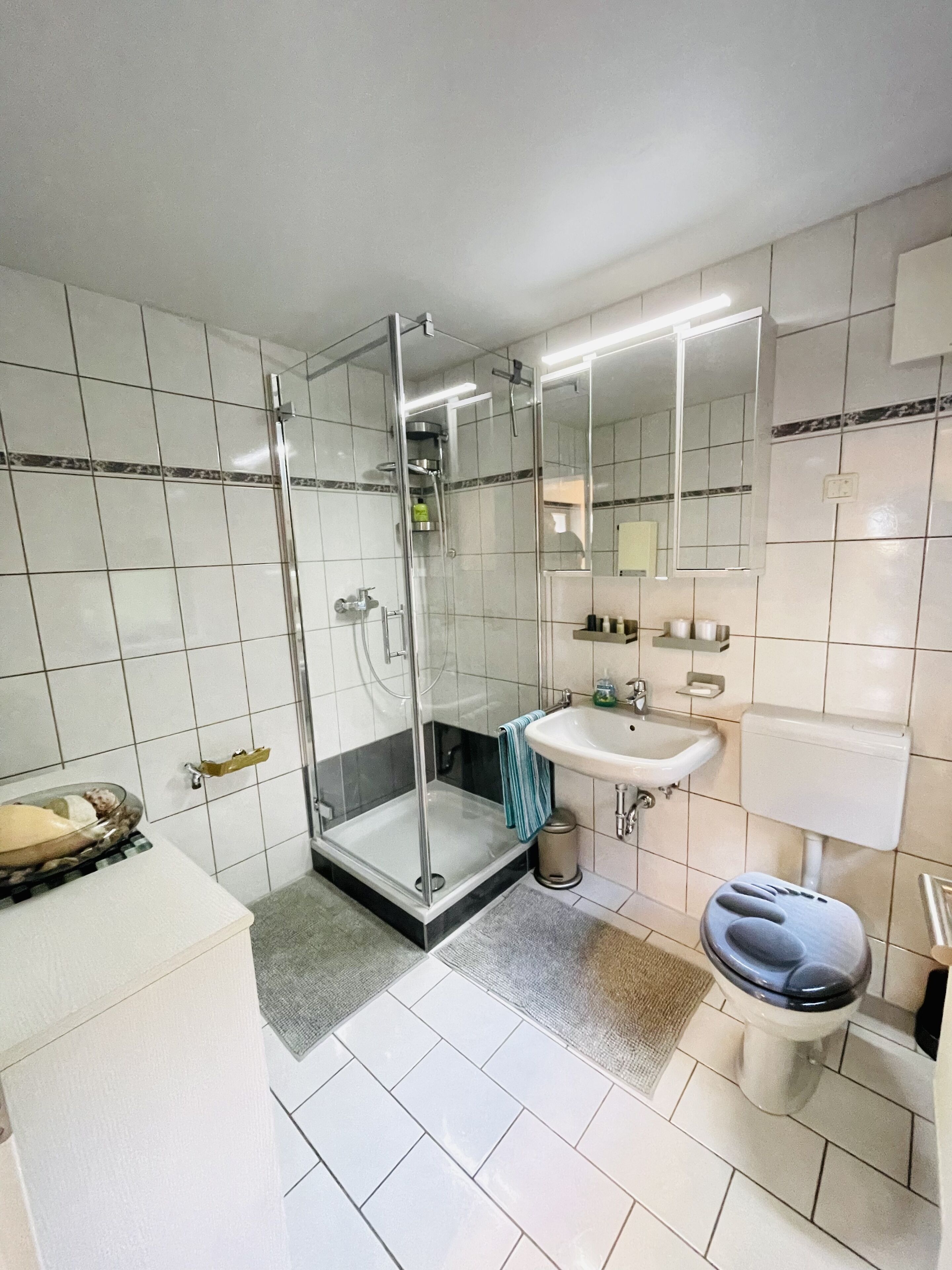 Ein modernes Badezimmer mit einer ein Glasfach raumseitig abgetrennten Dusche, einem Waschbecken mit Spiegel und einer Toilette.
