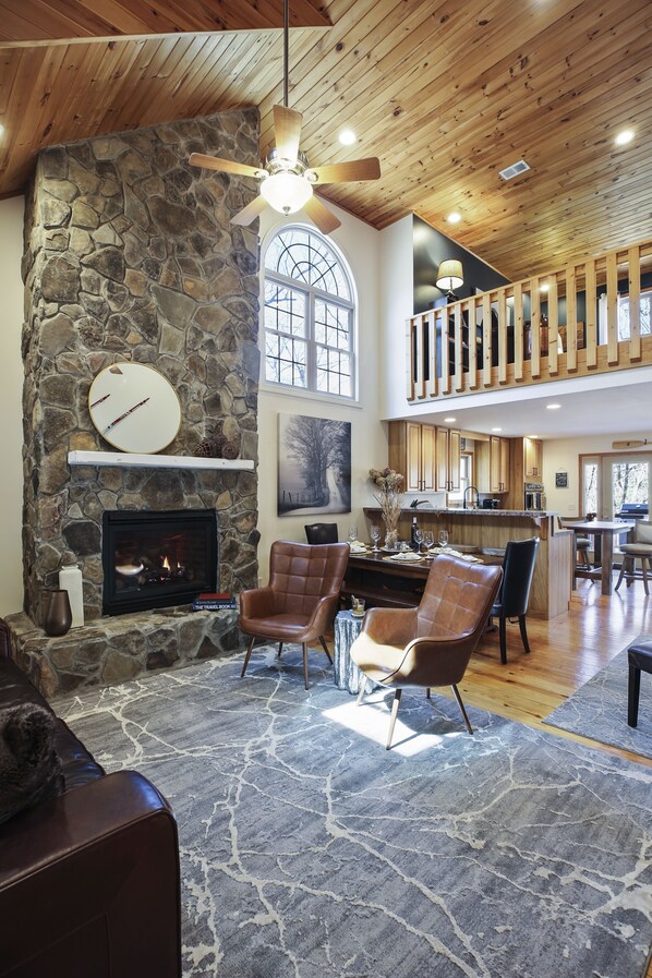 Smart TV, fireplace, books