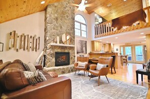 Smart TV, fireplace, books