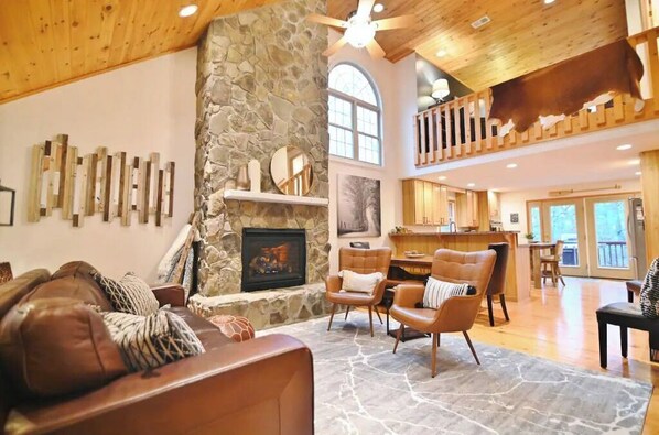 Smart TV, fireplace, books