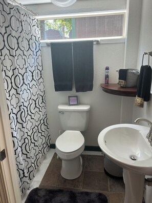 Douche, sèche-cheveux, serviettes fournies, savon