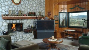 Un salon chaleureux avec un mur en pierre, une cheminée, un téléviseur et un lambris en bois.