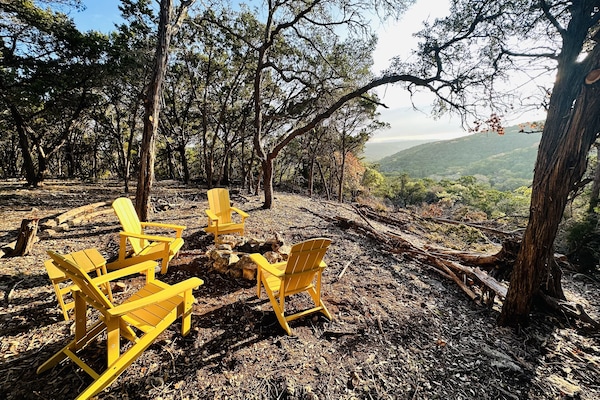 Outdoor fireplace area.