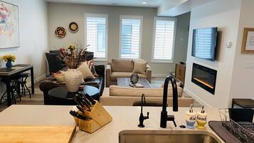 Smart TV, fireplace, books