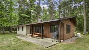 A cabin with a patio, a grill, and a picnic table.
