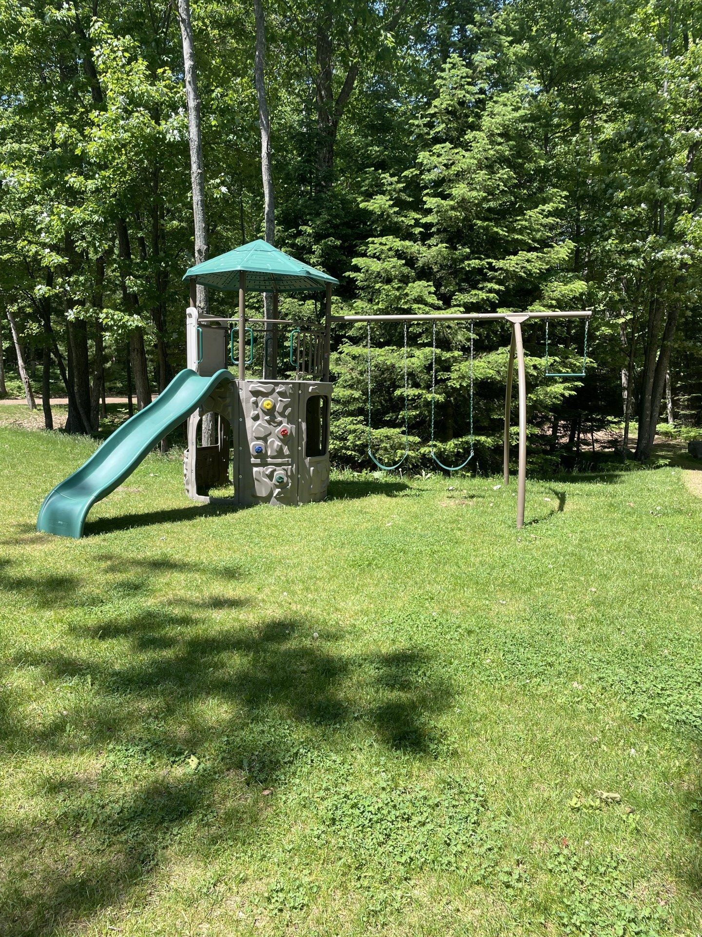 Ein Spielplatz mit Rutsche und Schaukeln, umgeben von Bäumen.