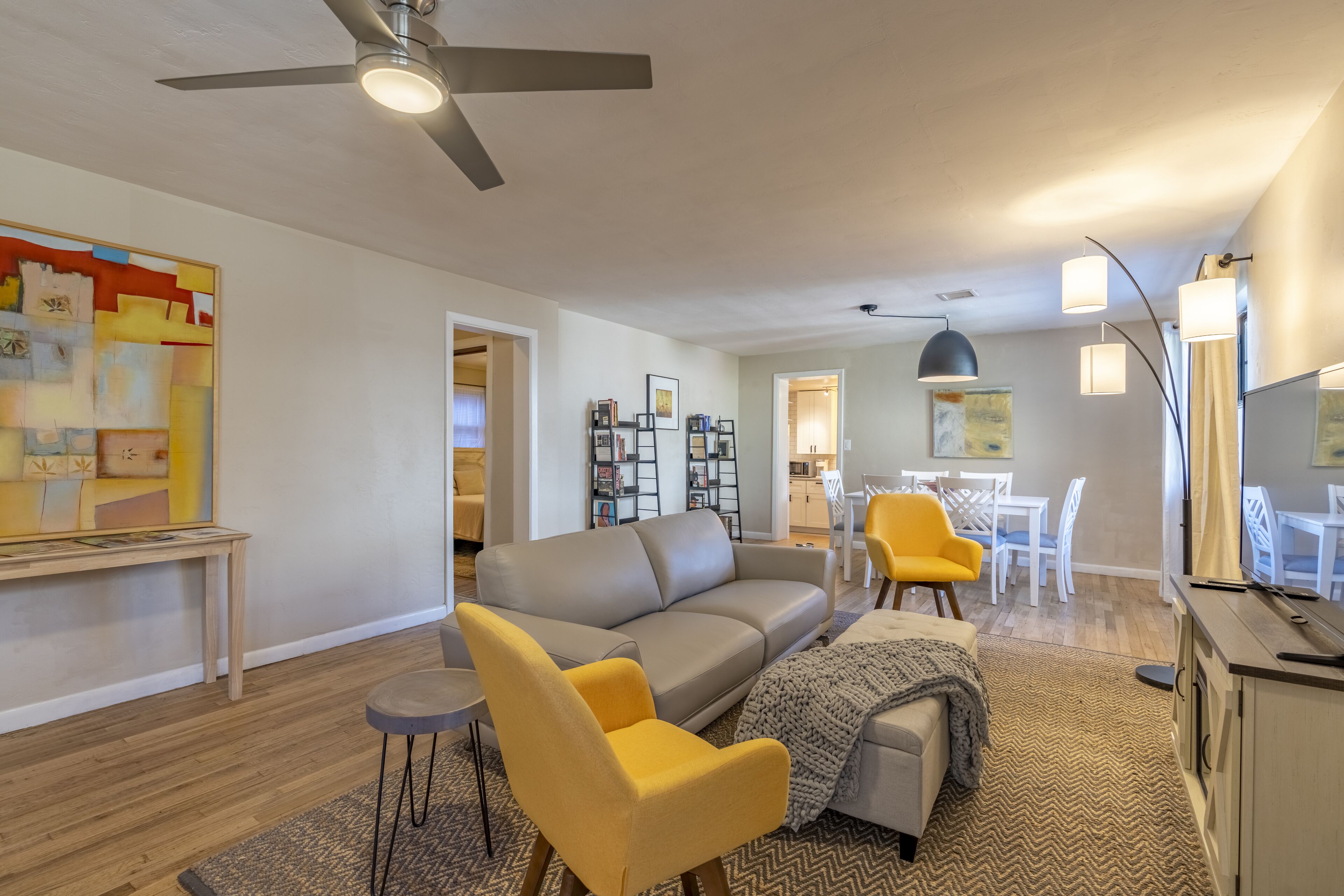 Smart TV, fireplace, books