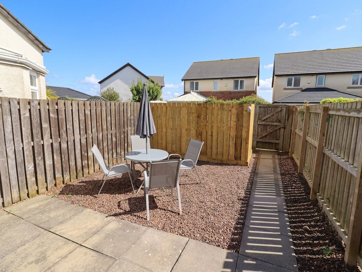 A backyard with a wooden fence, a patio table with chairs, and a gravel area.