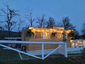 Une petite maison de plain-pied avec un porche, des guirlandes lumineuses et des plantes en pot.