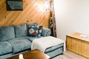 Smart TV, fireplace, books