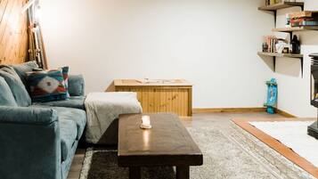 TV connectée, cheminée, livres