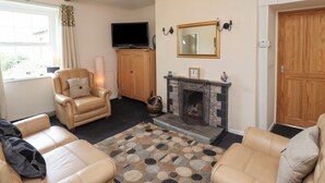 A living room with a fireplace, leather sofas, a television, and a patterned rug. - Budle Bay Cottage (Bamburgh)