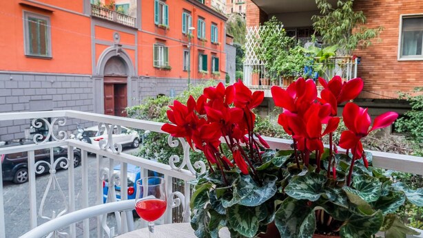 Un balcone con un tavolino in vimini, un bicchiere di vino rosso e una pianta in vaso con fiori rossi.